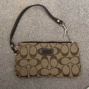 Coach Signature Tan and Brown Wristlet